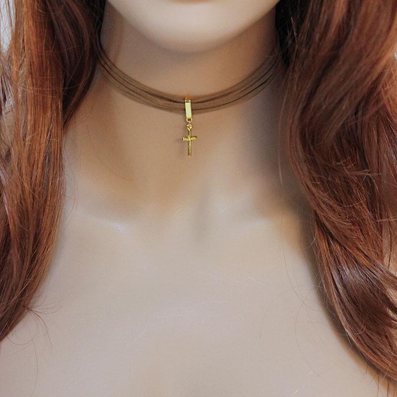 Multi Strand Brown Suede Cross Choker - Gothic Grace Inc