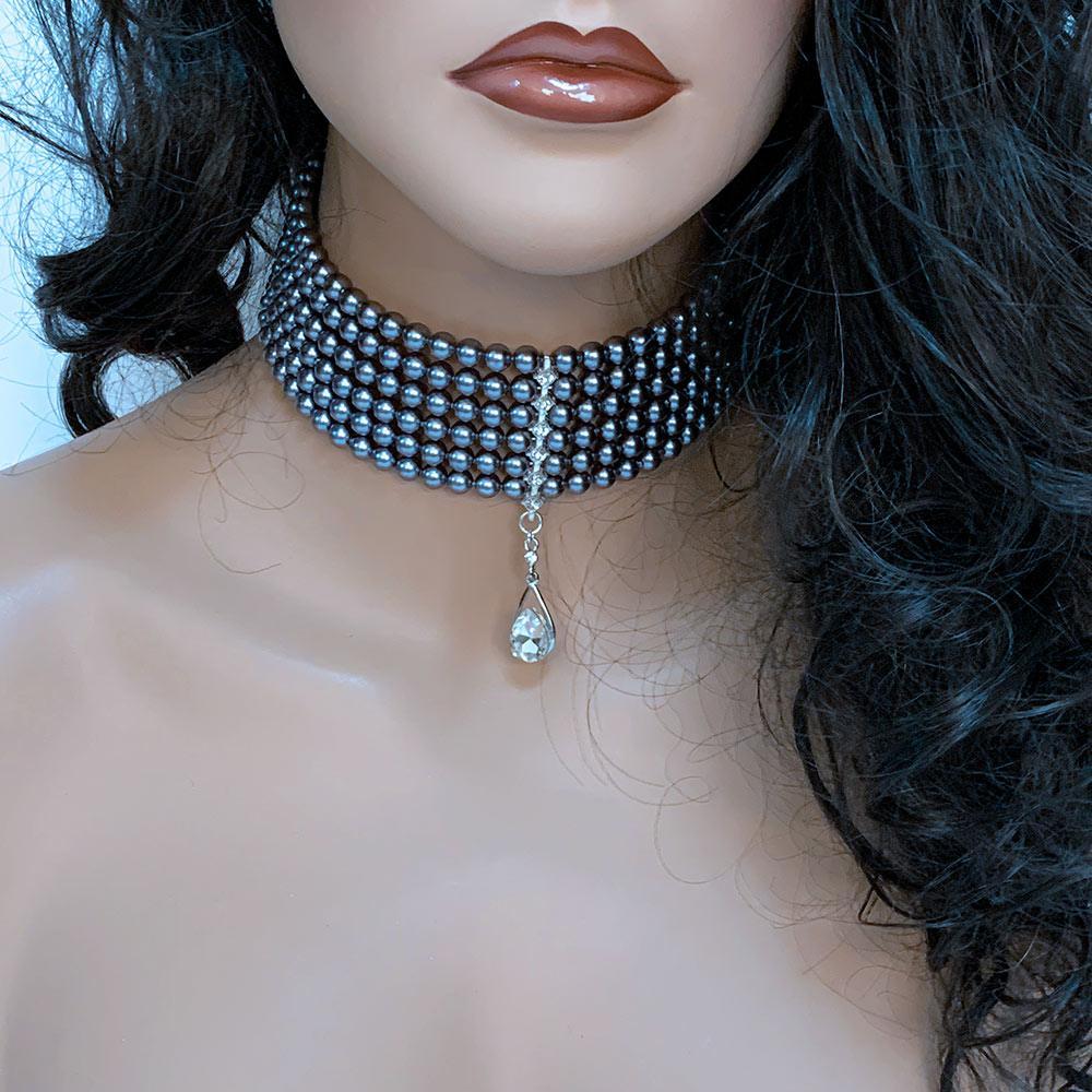 Multi Strand Grey Pearl Bridal Choker Necklace - Gothic Grace Inc