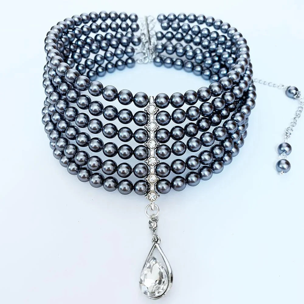 Multi Strand Grey Pearl Bridal Choker Necklace - Gothic Grace Inc