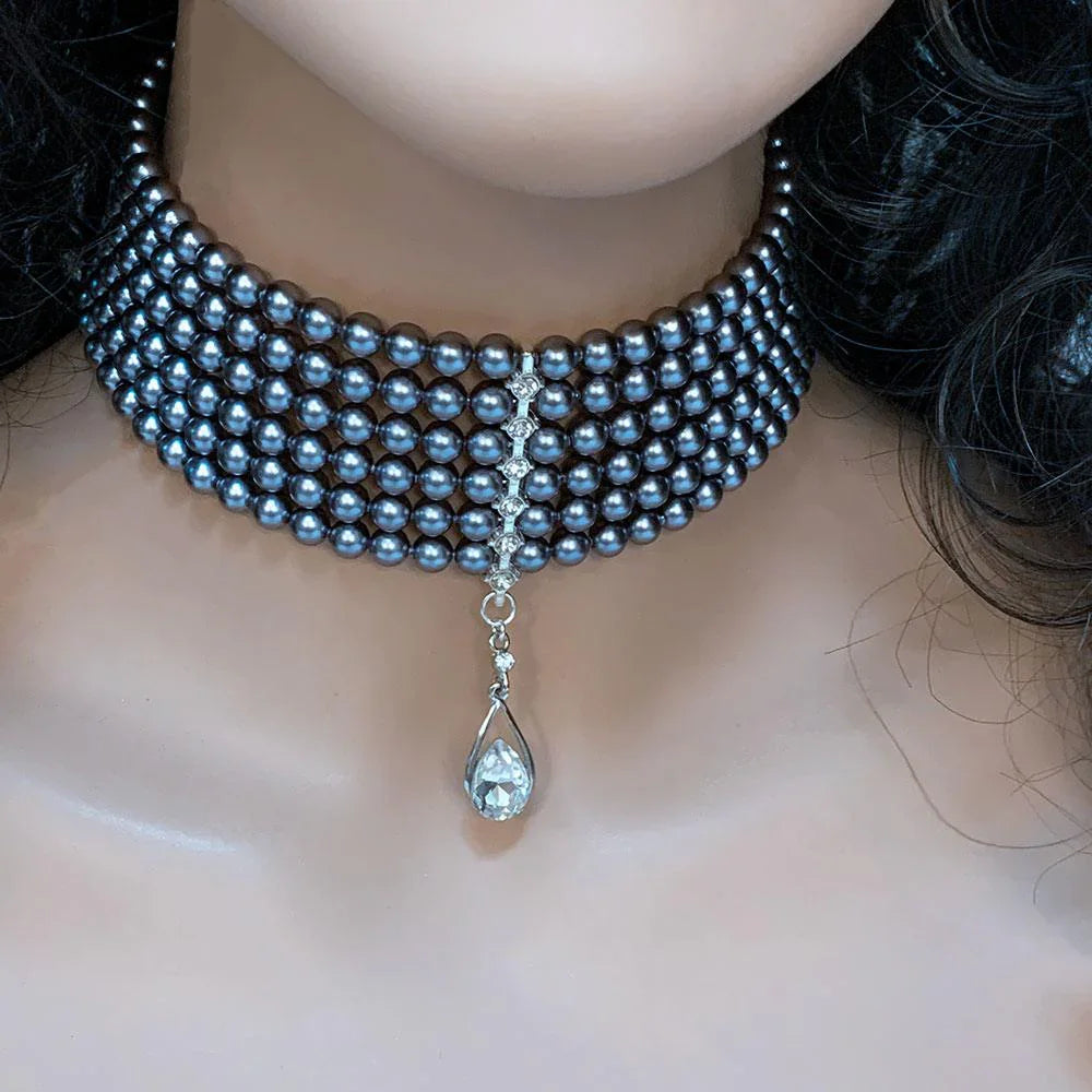 Multi Strand Grey Pearl Bridal Choker Necklace - Gothic