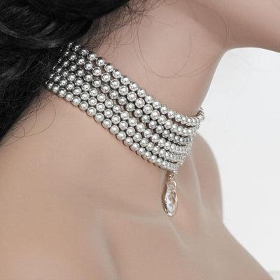 Multi Strand Grey Pearl Choker, Crystal Choker Necklace - Gothic Grace Inc