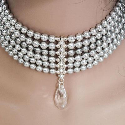 Multi Strand Grey Pearl Choker, Crystal Choker Necklace - Gothic Grace Inc