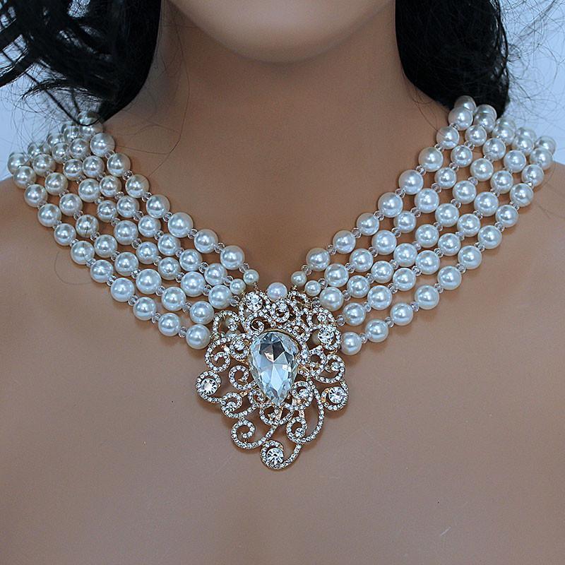 Multi Strand Pearl Bridal Statement Necklace - Gothic Grace Inc