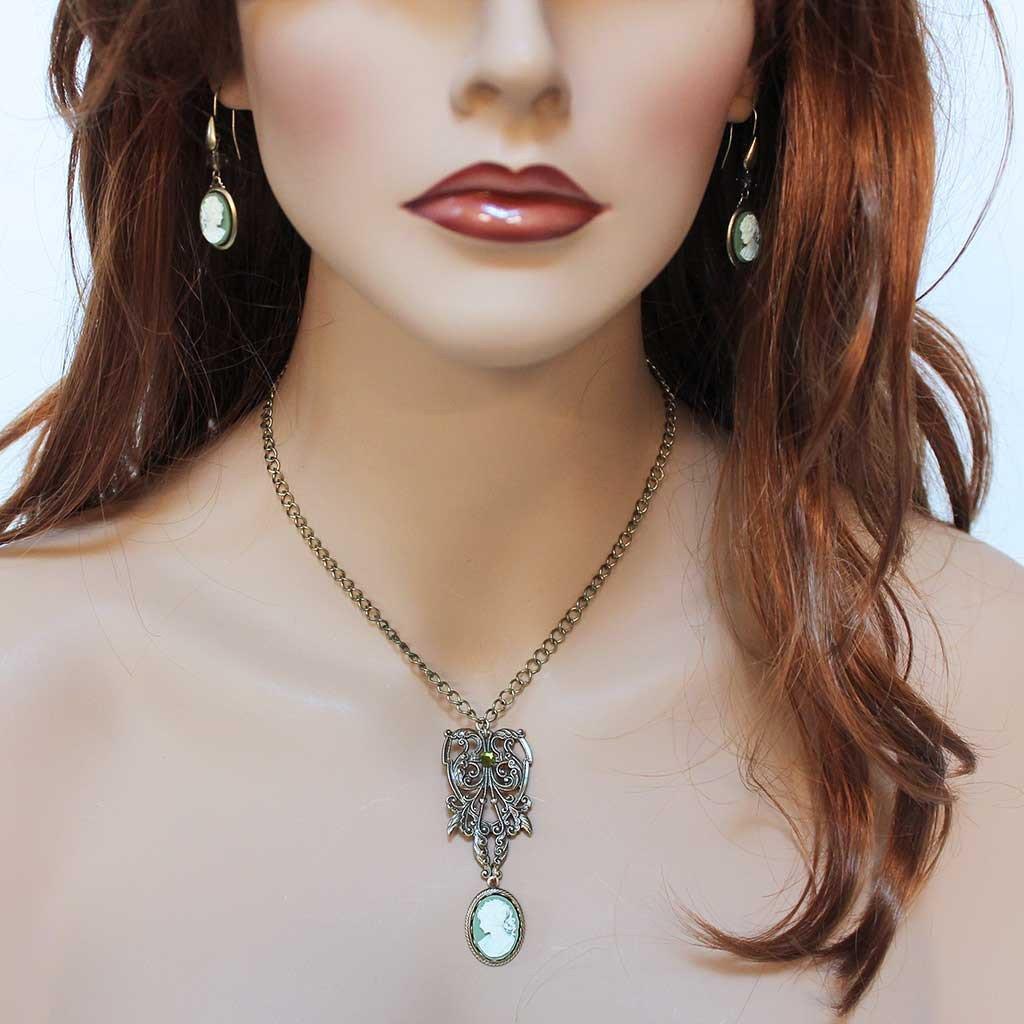 Ornate Brass Green Cameo Pendant Victorian Necklace - Gothic Grace Inc