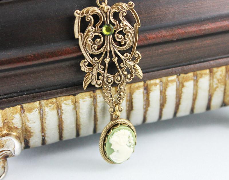Ornate Brass Green Cameo Pendant Victorian Necklace - Gothic Grace Inc