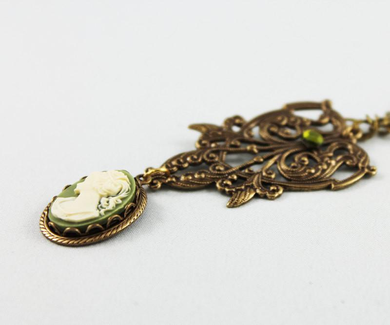 Ornate Brass Green Cameo Pendant Victorian Necklace - Gothic Grace Inc