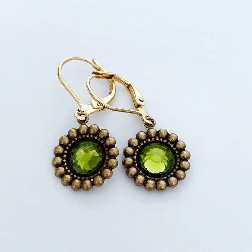 Oxidized Brass Green Crystal Victorian Earrings - Gothic