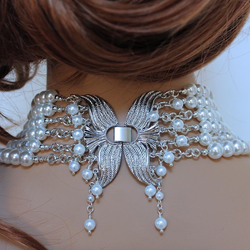 Pearl Crystal Multi Strand Bridal Statement Necklace - Gothic Grace Inc