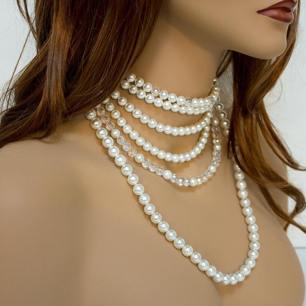 Pearl Crystal Multi Strand Bridal Statement Necklace - Gothic Grace Inc