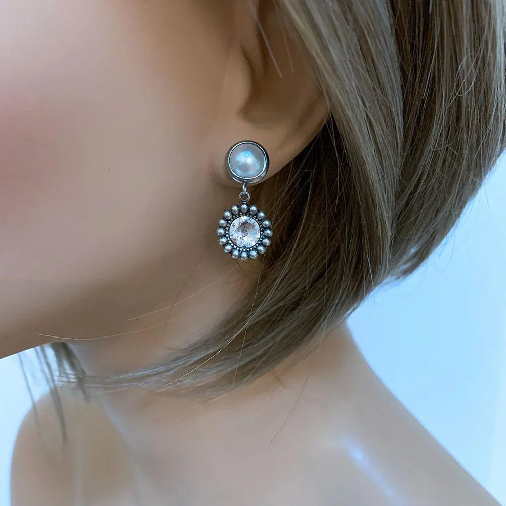 Pearl Crystal Silver Bridal Earrings - Gothic Grace Inc