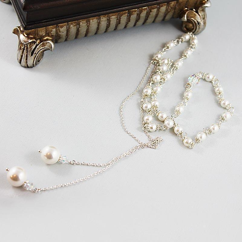 Pearl Lariat Necklace, Sterling Silver Crystal Open Necklace - Gothic Grace Inc