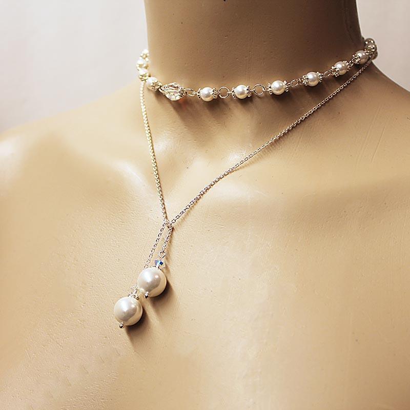 Pearl Lariat Necklace, Sterling Silver Crystal Open Necklace - Gothic Grace Inc
