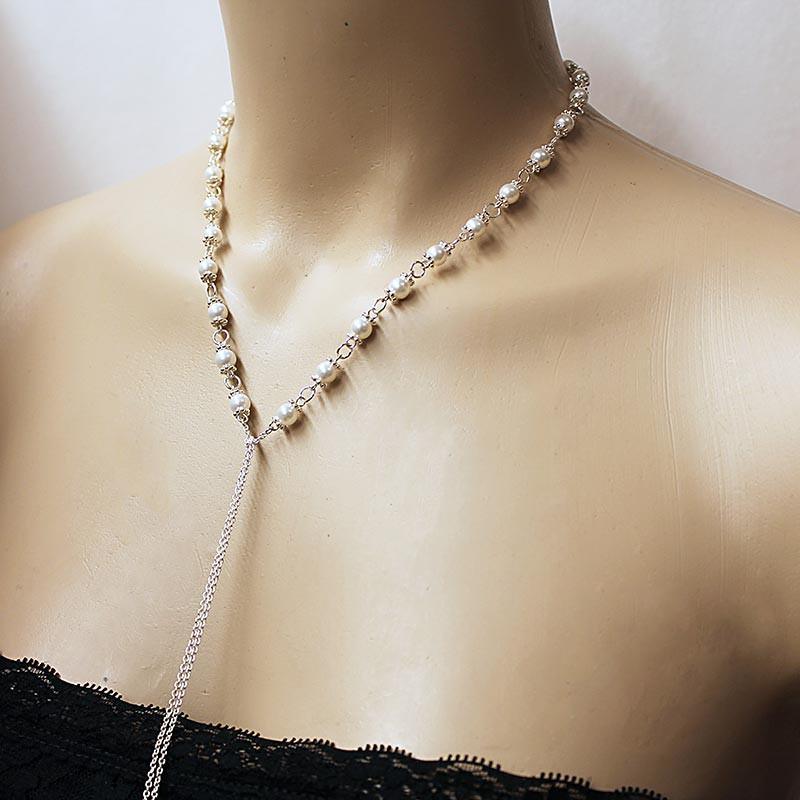 Pearl Lariat Necklace, Sterling Silver Crystal Open Necklace - Gothic Grace Inc