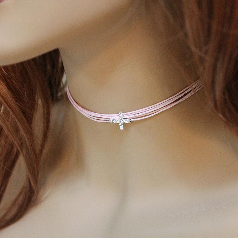 Pink Cord Tiny Cross Choker - Gothic Grace Inc