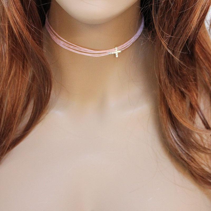 Pink Cord Tiny Cross Choker - Gothic Grace Inc