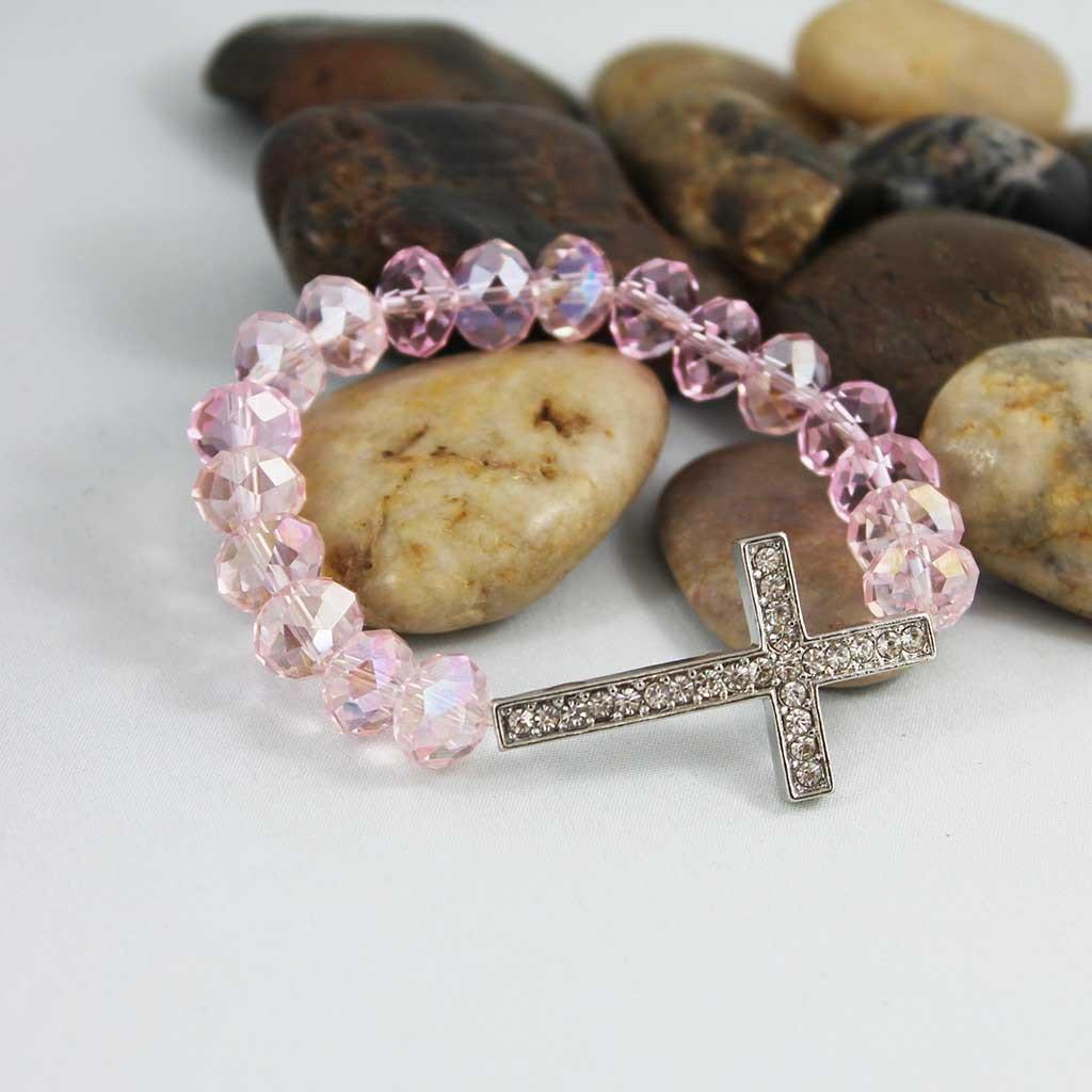 Pink Crystal Beaded Rhinestone Cross Bracelet - Gothic Grace Inc