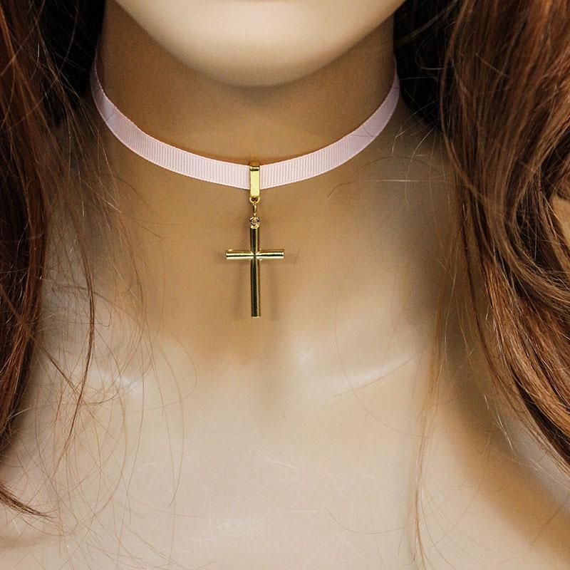 Pink Ribbon Gold Cross Choker Necklace - Gothic Grace Inc