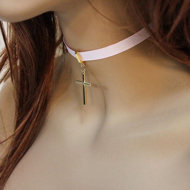 Gold Cross Red Leather Choker Necklace - Gothic Grace Inc