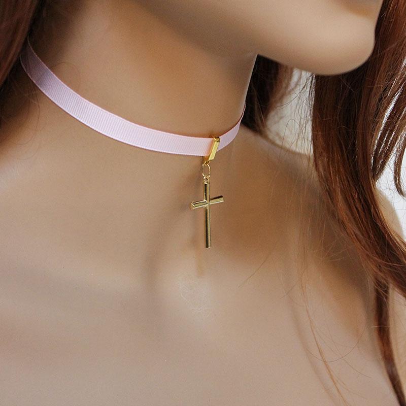 Pink Ribbon Gold Cross Choker Necklace - Gothic Grace Inc