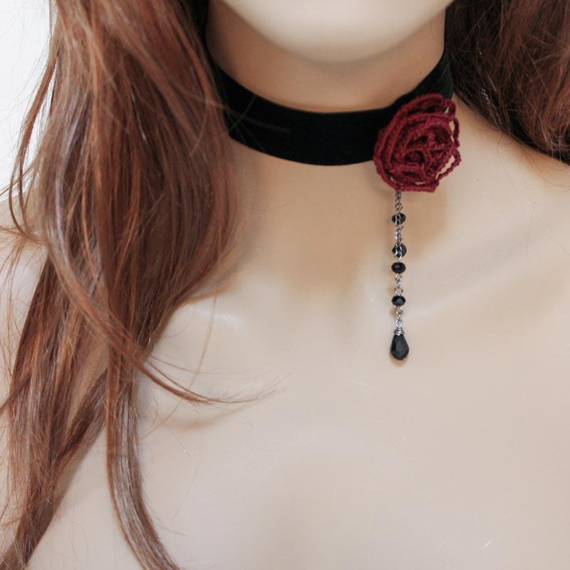 Red Rose Black Velvet Victorian Choker - Gothic Grace Inc