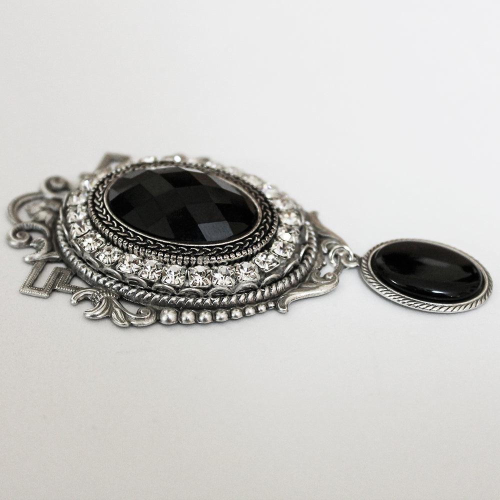 Silver Black Crystal Victorian Cameo Brooch - Gothic Grace Inc