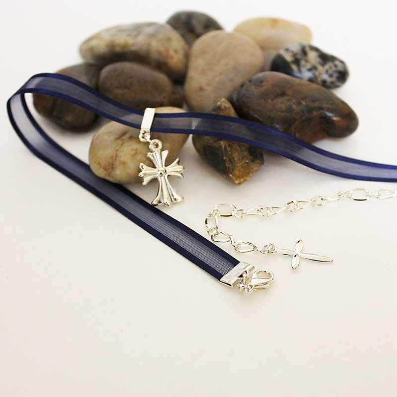 Silver Celtic Cross Blue Dainty Thin Choker Necklace - Gothic Grace Inc