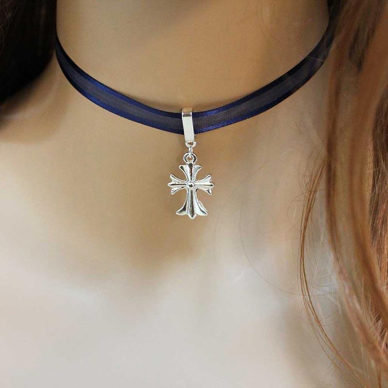 Silver Celtic Cross Blue Dainty Thin Choker Necklace - Gothic Grace Inc