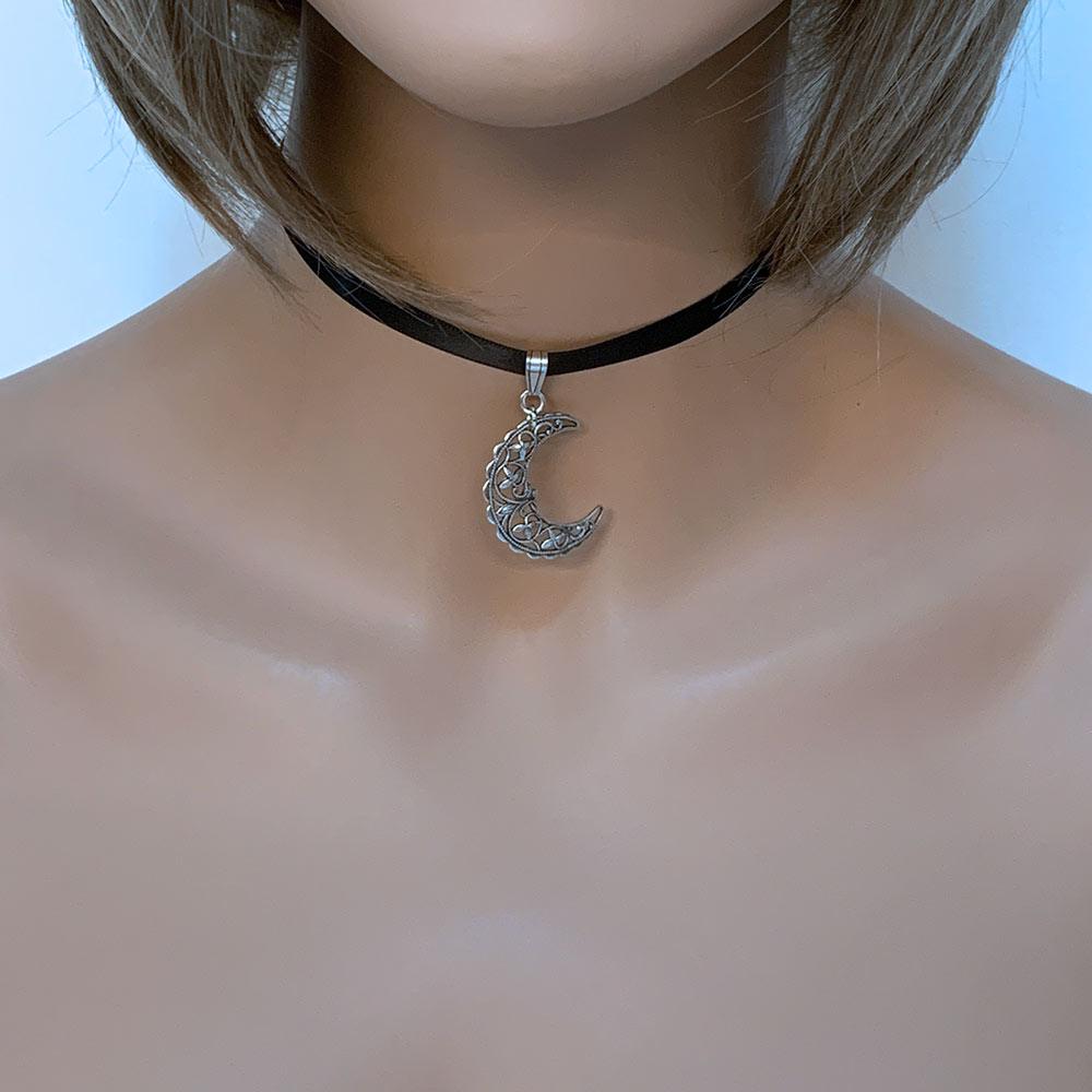 Silver Filigree Moon Ribbon Choker Necklace - Gothic Grace Inc