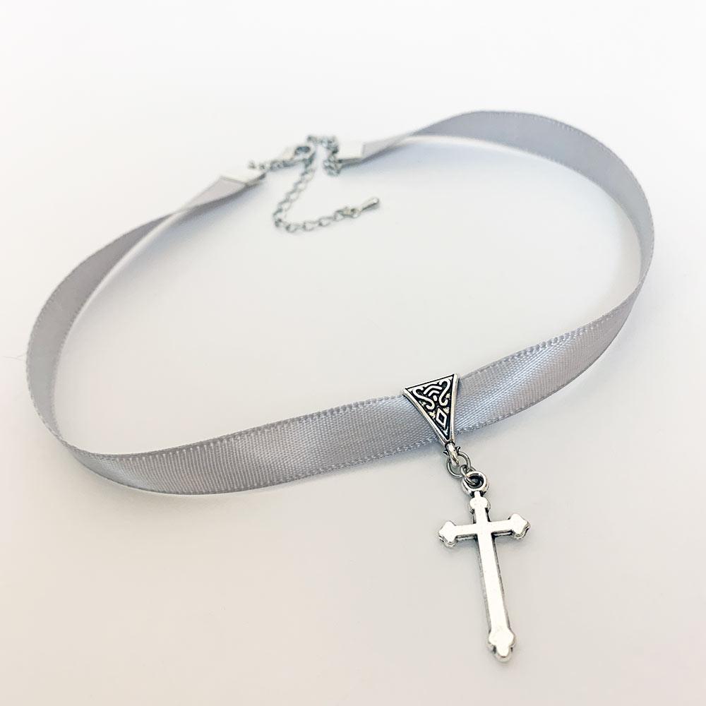 Silver Grey Ribbon Cross Pendant Gothic Choker - Gothic Grace Inc