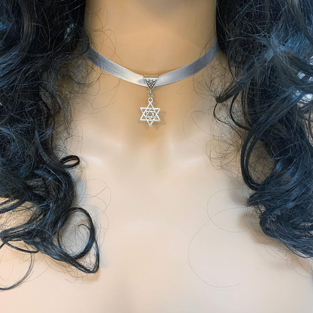 Silver Grey Ribbon Star of David Pendant Choker - Gothic Grace Inc