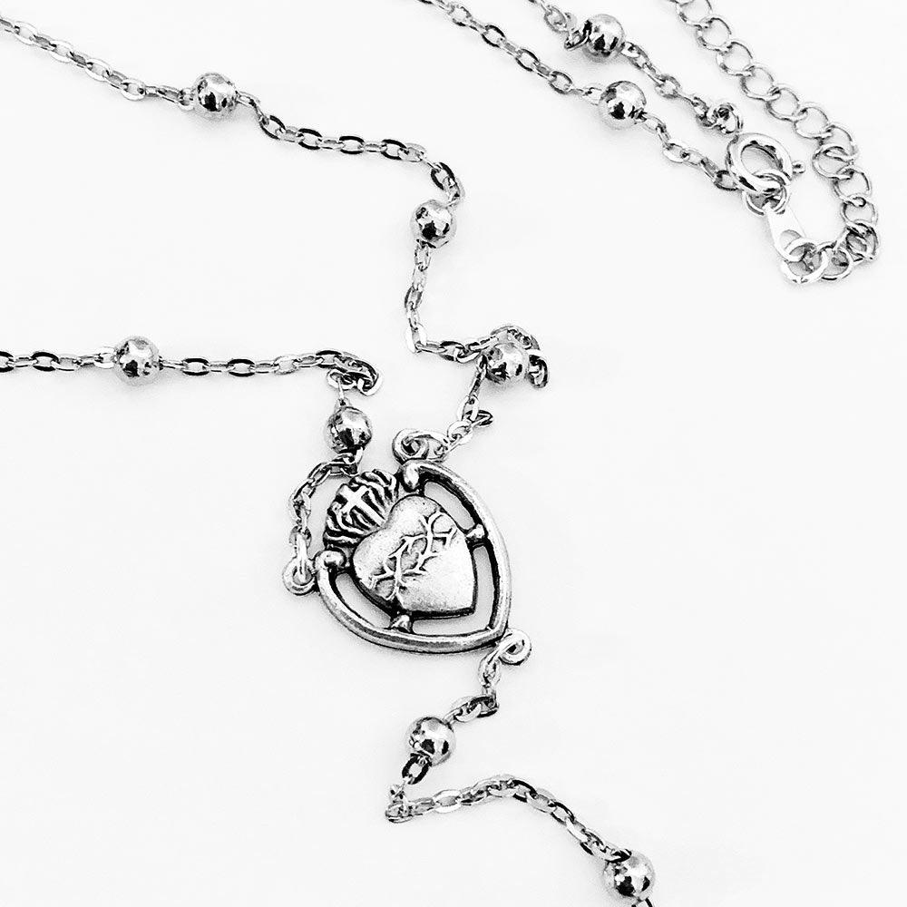Silver Sacred Heart Chain Rosary Style Necklace - Gothic Grace Inc