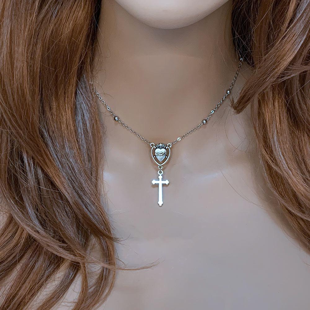 Silver Sacred Heart Cross Necklace - Gothic Grace Inc