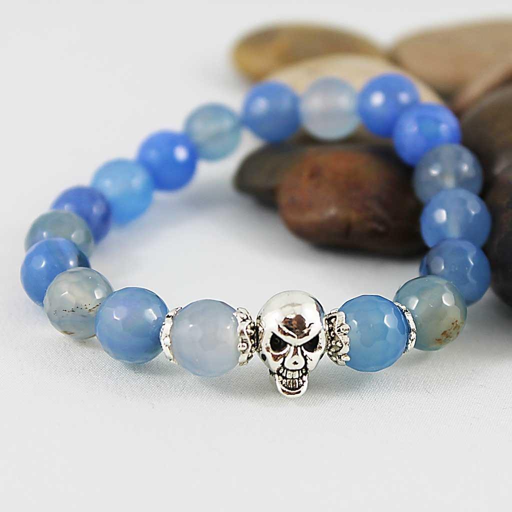 Silver Skull Blue Gemstone Stretch Bracelet - Gothic Grace Inc