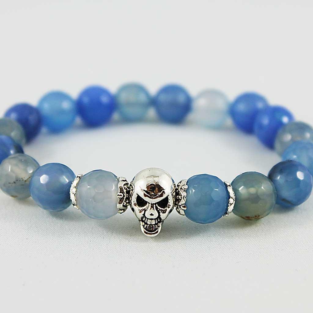 Silver Skull Blue Gemstone Stretch Bracelet - Gothic Grace Inc