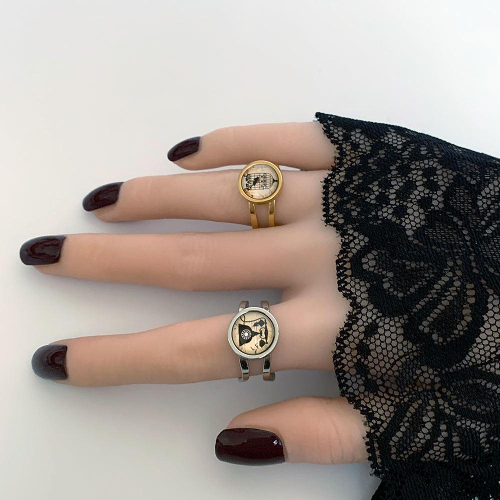 Silver Telephone Ring and Gold Birdcage Ring- Gothic Grace Inc