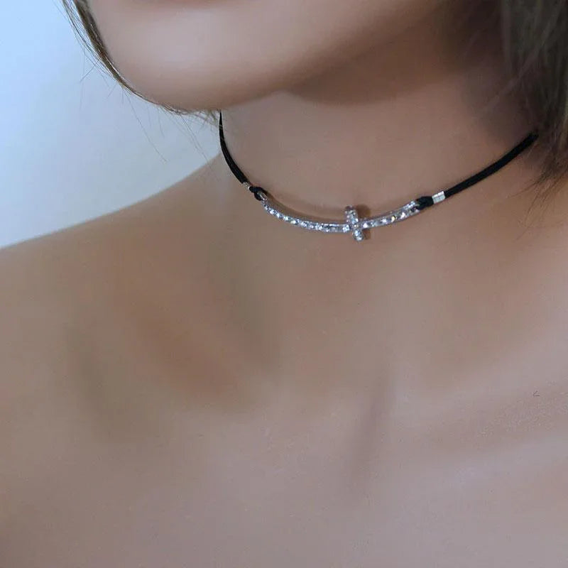 Sparkly Sideways Cross Choker - Gothic Grace Inc
