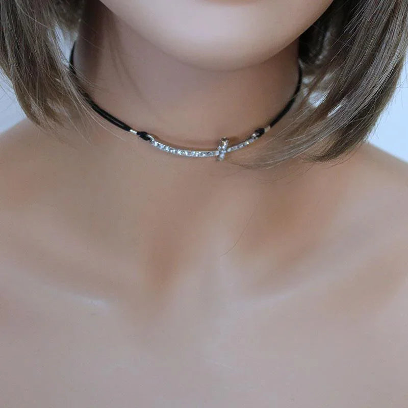 Sparkly Sideways Cross Choker - Gothic Grace Inc