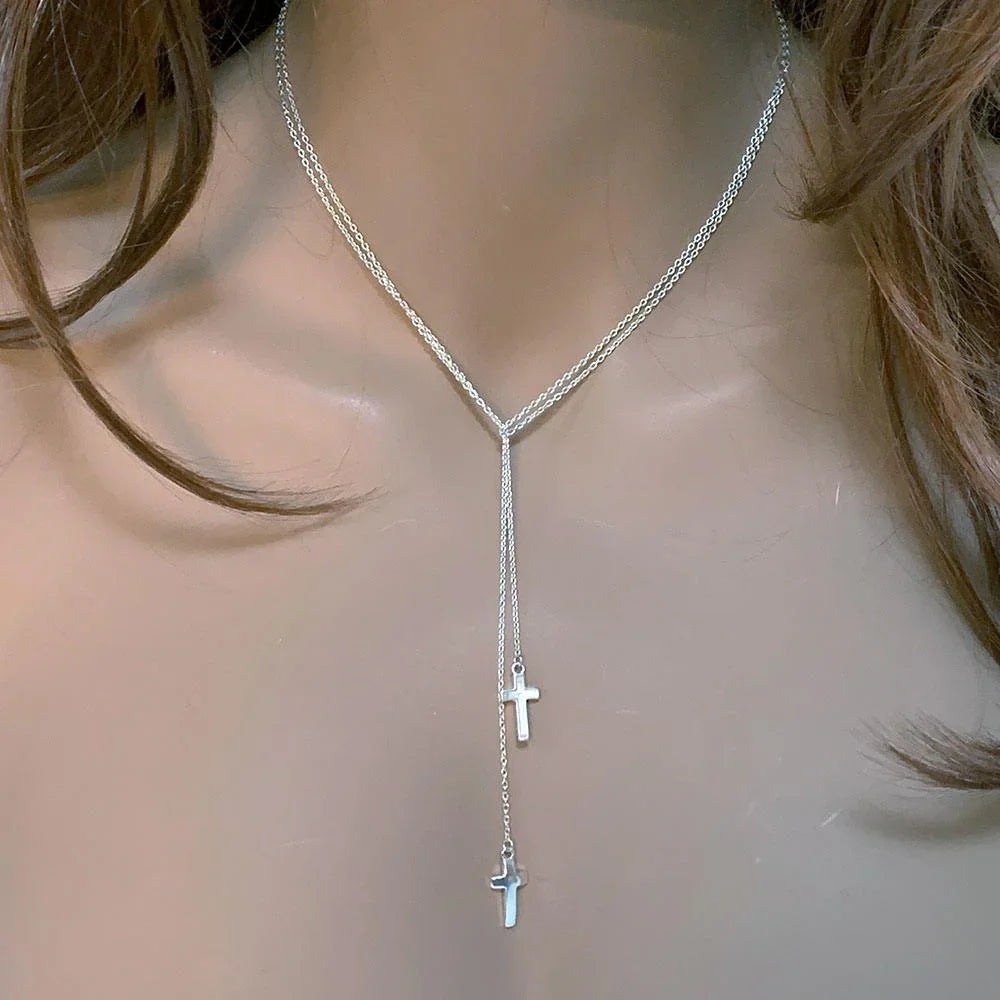 Sterling Silver Double Cross Lariat Necklace - Gothic Grace Inc