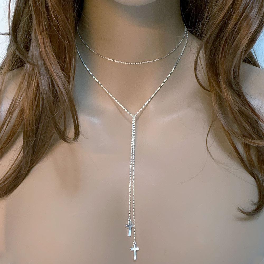 Sterling Silver Double Cross Lariat Necklace - Gothic Grace Inc