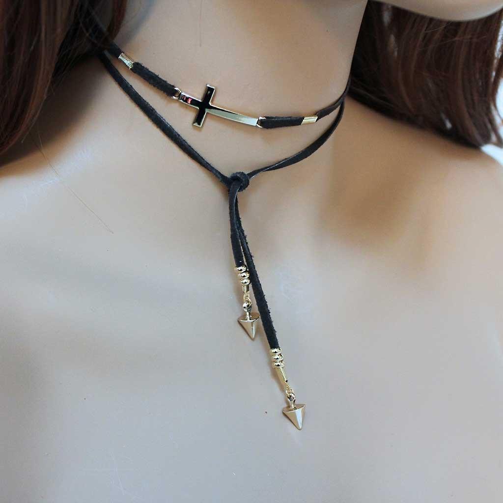 Suede Gold Sideways Cross Lariat - Gothic Grace Inc