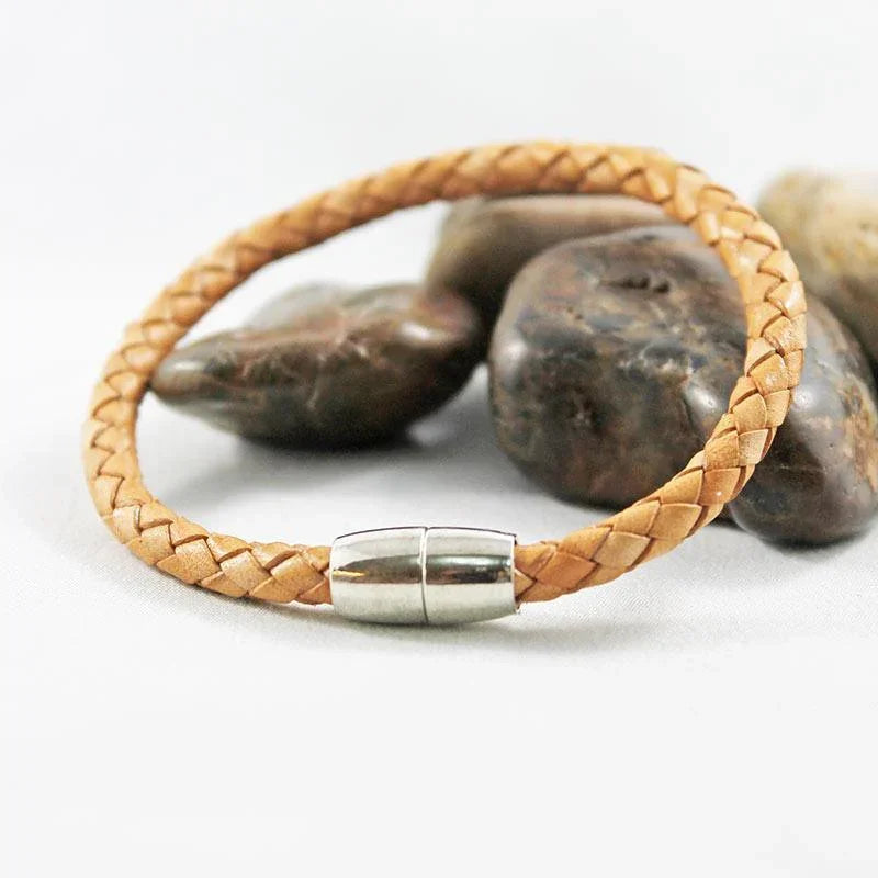 Tan Leather Silver Magnetic Bracelet - Gothic Grace Inc