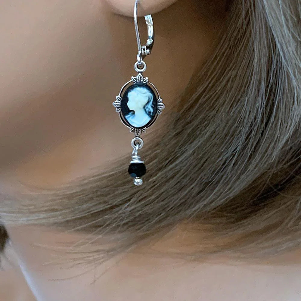 Victorian Black Cameo Dangle Earrings - Gothic Grace Inc