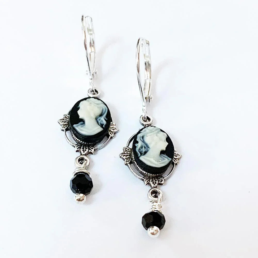 Victorian Black Cameo Dangle Earrings - Gothic Grace Inc