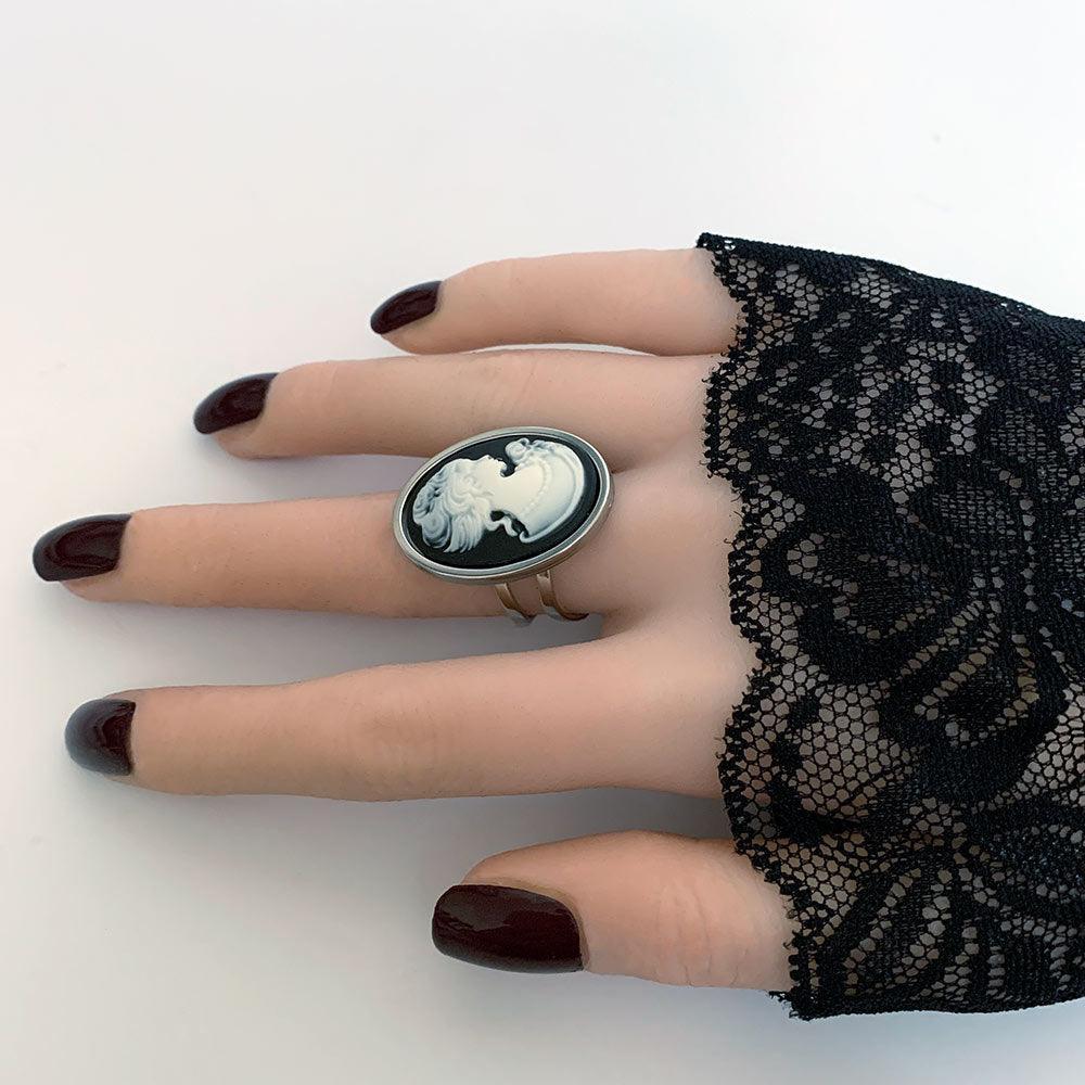 Victorian Black Cameo Silver Ring - Gothic Grace Inc