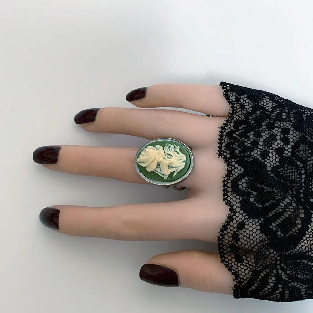 Victorian Green Floral Cameo Silver Ring - Gothic Grace Inc