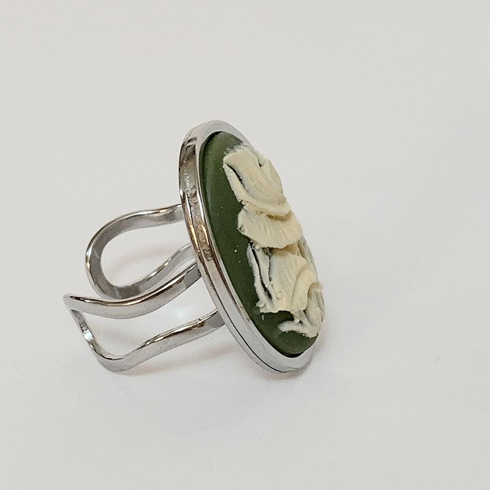 Victorian Green Floral Cameo Silver Ring - Gothic Grace Inc