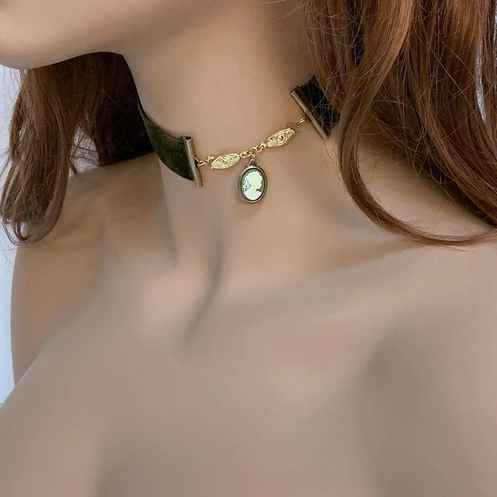 Victorian Green Velvet Cameo Choker - Gothic Grace Inc