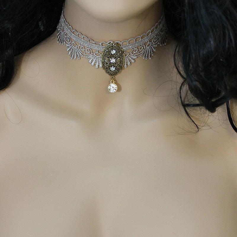 Victorian Scalloped Lace Brass Pendant Choker - Gothic Grace Inc