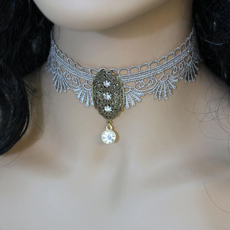 Victorian Scalloped Lace Brass Pendant Choker - Gothic Grace Inc