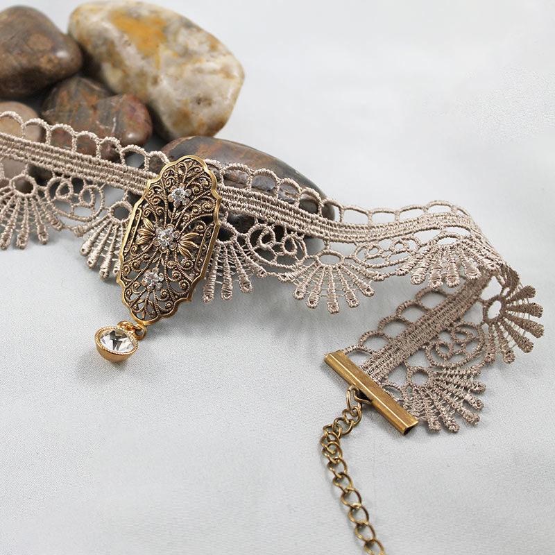 Victorian Scalloped Lace Brass Pendant Choker - Gothic Grace Inc